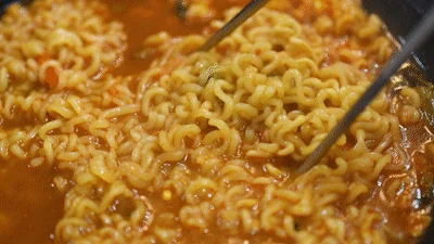 Detailed look at the cooked ramen