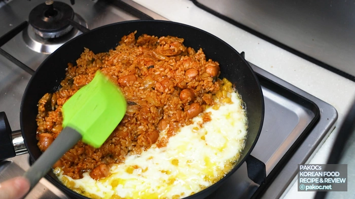 Prepping ingredients for Vienna sausage kimchi fried rice