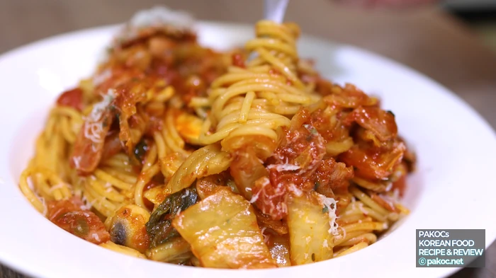 Tomato sauce and kimchi, paired